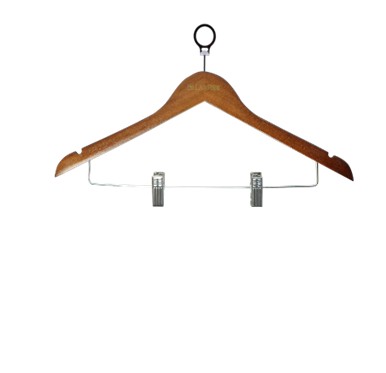 Solid Wood Hanger with Anti-Slip Notch & Metal Clips — A Grade